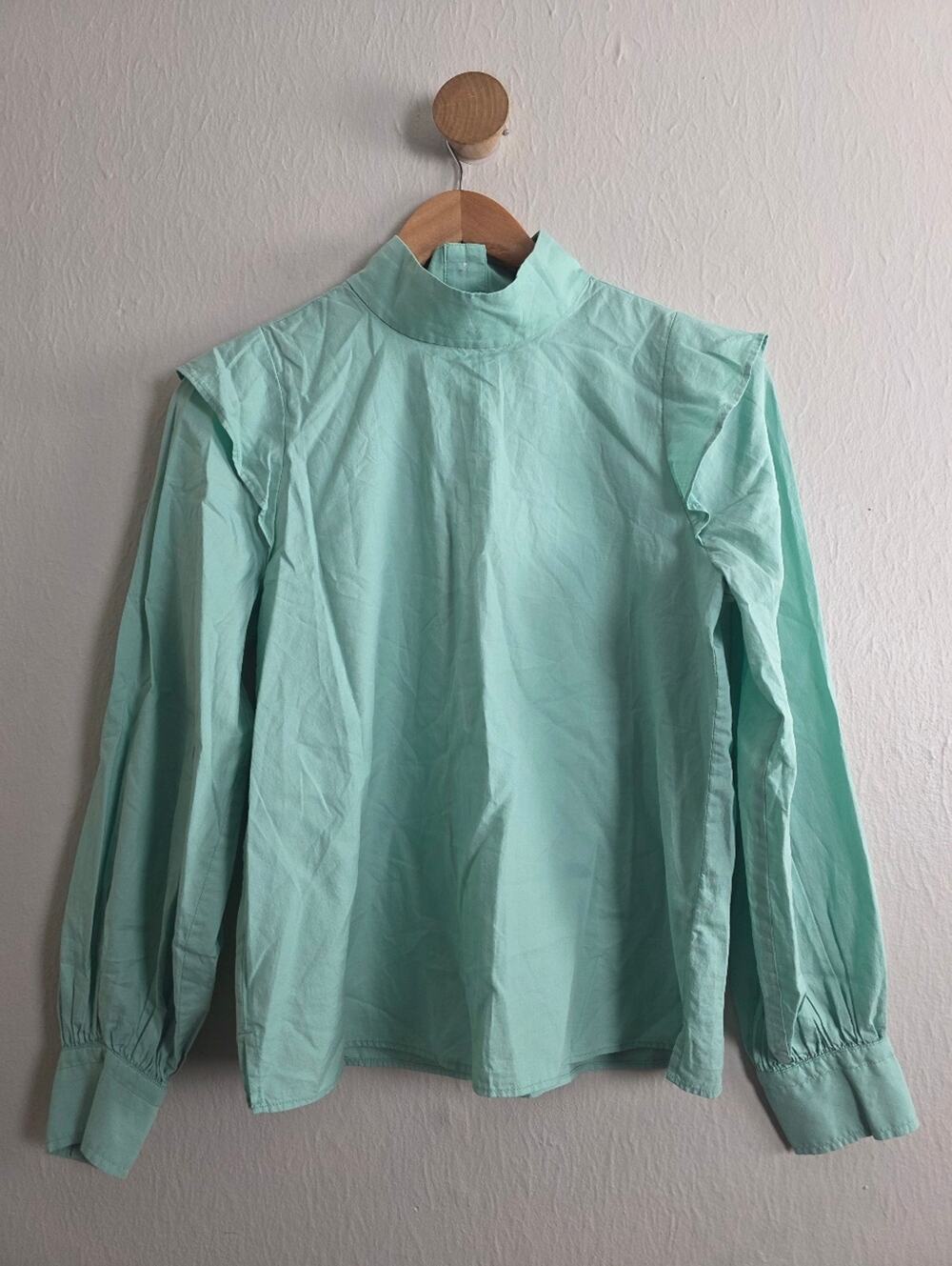 Everlane Wing Shoulder Mockneck Top Mint Jade Green Ruffled NWT 10 Blouse
